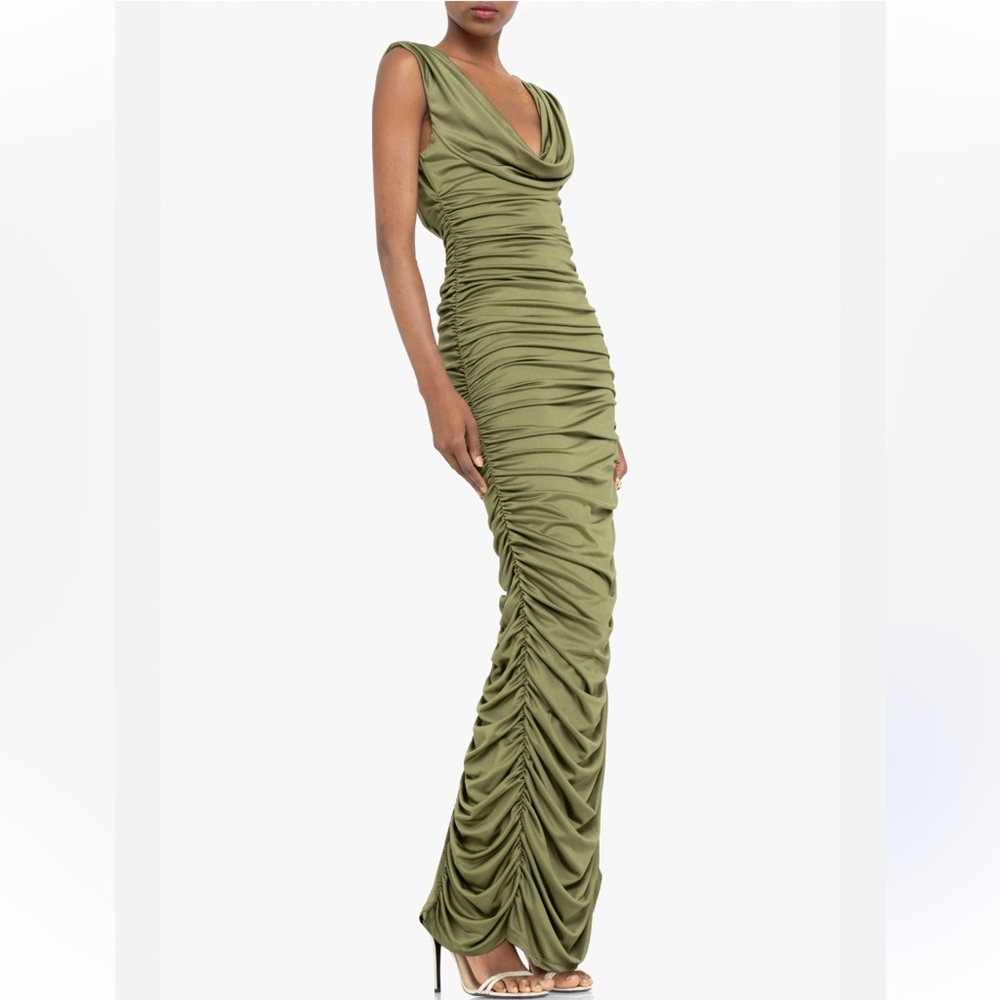 Black Halo Olive Green Ruched Midi Dress